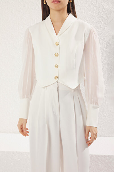 Trendyol Collection White Metal Button Detail Crop Blazer Jacket with Sheer Sleeves - Twoss25Bc00026