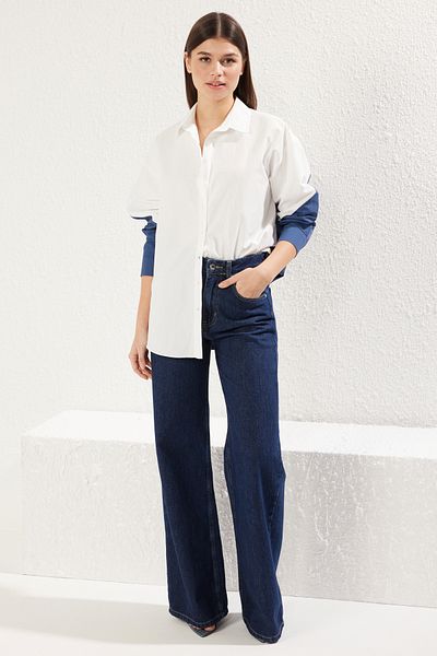 Trendyol Collection Sötét sötétkék színű blokk Boyfriend széles szabású szőtt ing TWOSS23GO00393