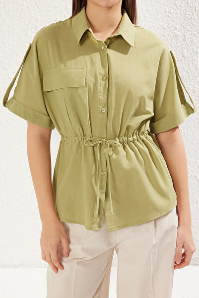 Trendyol Collection Khaki Front Tie Detail Pocket Short Sleeve Woven Shirt Twoss25Go00017