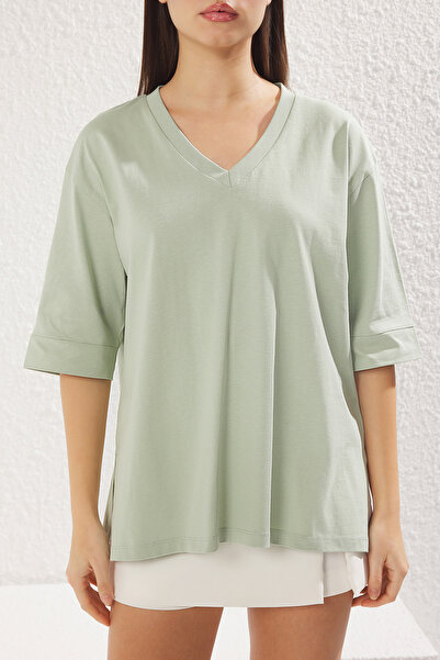 Trendyol Collection Πλεκτό μπλουζάκι με μανίκια τριών τετάρτων σε χρώμα μέντας - 100% βαμβάκι TWOSS25TS00011