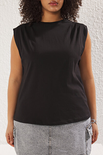 Trendyol Curve Black Zero Sleeve 100% Cotton Knitted Plus Size Blouse Tbbss25Af00033