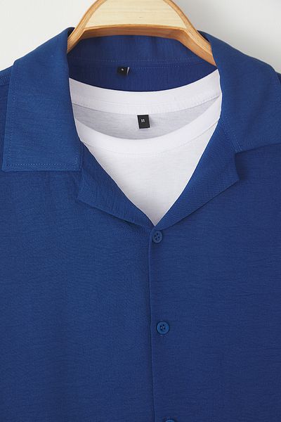 Trendyol Collection Cămașă cu mânecă scurtă de vară Indigo Oversize Fit TMNSS24GO00019