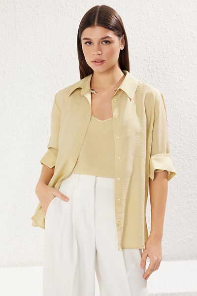 Trendyol Collection Beigefarbenes Oversize-Shirt – Innenunterwäsche, zweiteilig, drapiert, breite Passform TWOSS25GO00079