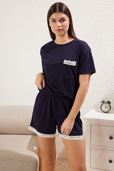 Trendyol Collection Navy Blue Lace Detailed Ribbed Knitted Pajamas Set Thmss25Pt00213