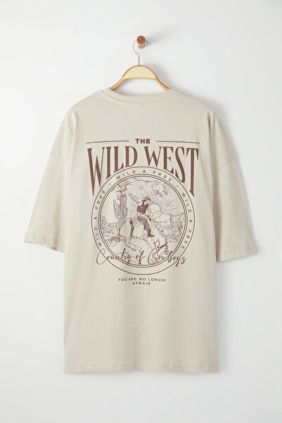 Trendyol Collection Oversize Large Size Stone Color Cotton T-Shirt - Tmnss25Bf00008