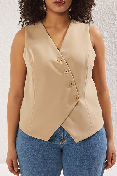 Trendyol Curve Mink Asymmetrical Button Plus Size Vest - Tbbss25Bh00000