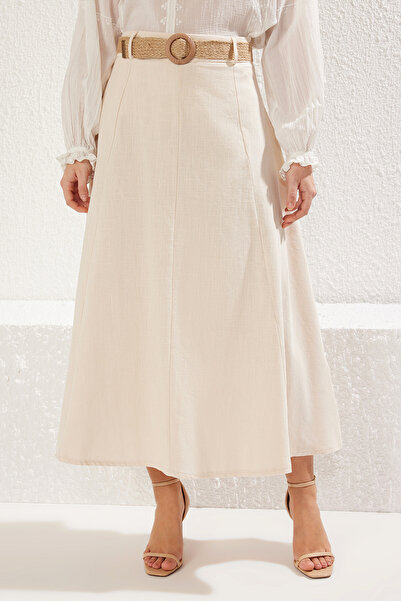 Trendyol Collection Beige Belt Detailed Linen Maxi Size A-Line Maxi Size Woven Skirt Twoss25Et00071