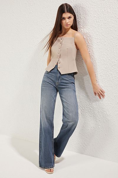 Trendyol Collection Blugi vintage cu talie înaltă și picioare late Indigo Solukt Effect TWOAW24JE00089