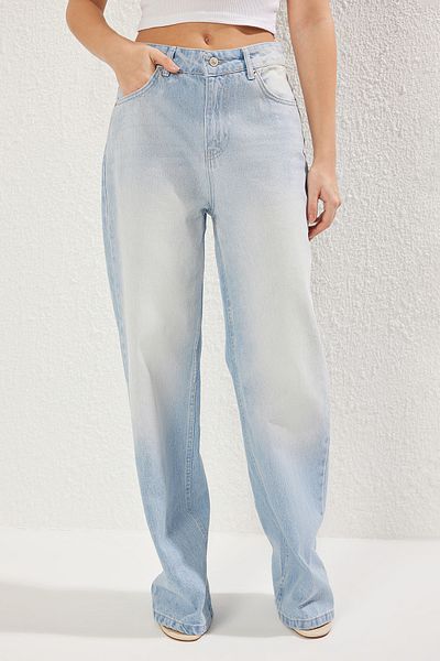 Trendyol Collection Blugi albaștri cu talie joasă cu picioare late TWOSS25JE00178