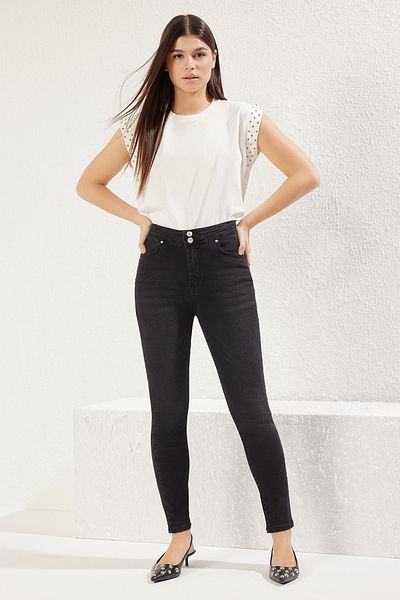 Trendyol Collection Blugi skinny cu talie înaltă cu nasturi negri TWOSS25JE00175