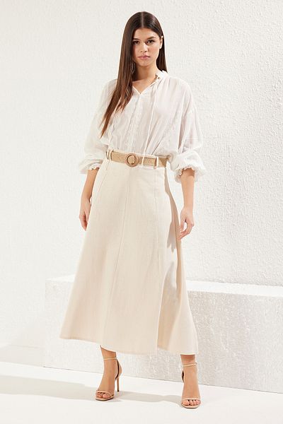 Trendyol Collection Lněná sukně Béžová Maxi délka A-Line s detailem pásku, Twoss25Et00071