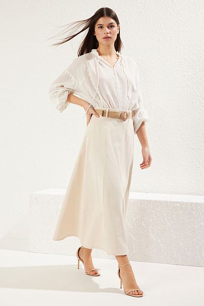 Trendyol Collection Lněná sukně Béžová Maxi délka A-Line s detailem pásku, Twoss25Et00071