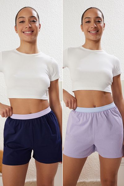 Trendyol Collection 2er-Pack gestrickte Pyjama-Unterhosen aus 100 % Baumwolle in Marineblau und Flieder – elastische Taille THMSS25PJ00004