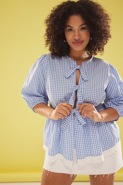 Trendyol Curve Blau karierte Plus-Size-Bluse mit kariertem Rock – TBBSS25AF00013