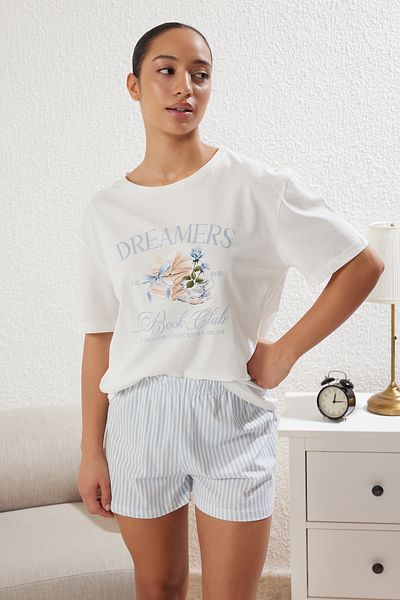 Trendyol Collection Ecru-Blue 100% Cotton Striped Printed Shorts Knitted Pajamas Set Thmss25Pt00214