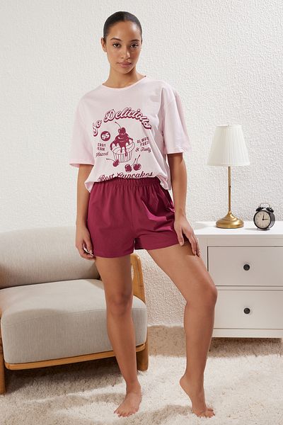 Trendyol Collection Light Pink 100% Cotton Printed Knitted Pajamas Set Thmss25Pt00218