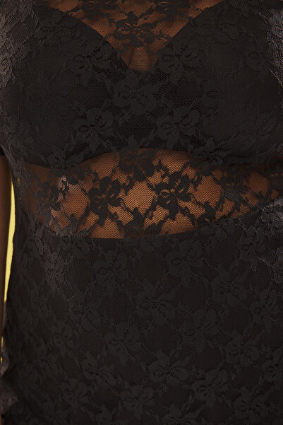 Trendyol Curve Black Knitted Plus Size Lace Blouse Tbbss25Af00004