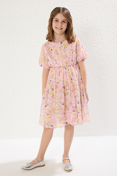 TRENDYOLKIDS Rózsaszín női gyermek mini me virágos szőtt anya-lánya ünnepi ruha TKDSS25EL00056