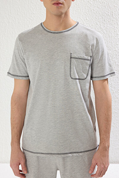 Trendyol Collection Gray Knitted Regular Fit Pajama Set with Shorts - Karyoka Stitching Tmnss25Pt00017