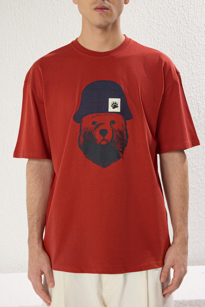 Trendyol Collection Πλακάκι oversized / Μπλουζάκι με κοντό μανίκι από 100% βαμβάκι με λεπτομέρεια απλικέ καπέλου με φαρδιά κοπή TMNSS25TS00016