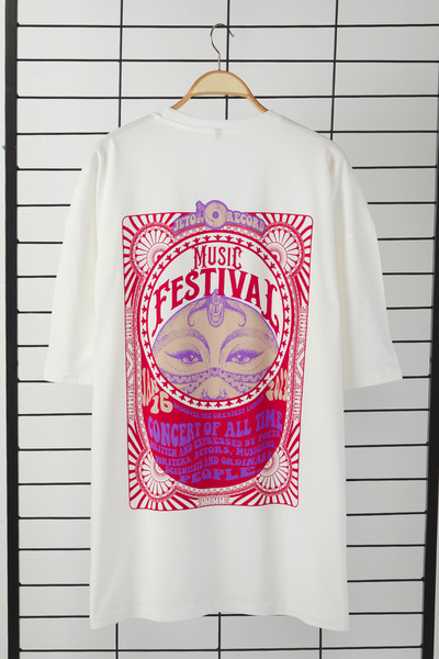 Trendyol Collection Unisex Plus Size Ecru Oversize T-Shirt - Ethnic Back Print, 100% Cotton Tmnss25Bf00019