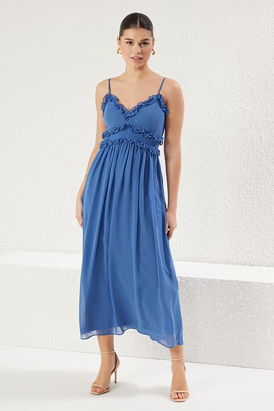 Trendyol Collection Blaues, florales A-Linien-Maxi-Webkleid TWOSS23EL02013