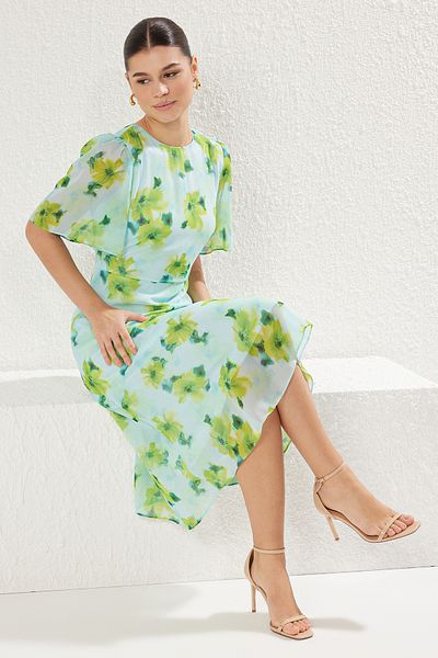 Trendyol Collection Γαλάζιο φλοράλ υφαντό φόρεμα μίντι σιφόν σε γραμμή Α TWOSS20EL0908