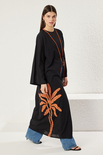 Trendyol Modest Μαύρο μοτίβο παλάμης με λεπτομέρεια υφαντό κιμονό 100% βαμβάκι TCTSS25KK00000