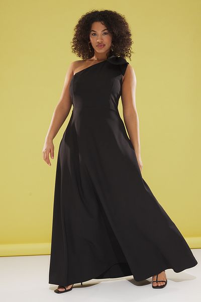Trendyol Curve One-Shoulder-Abendkleid mit schwarzer Schleife und gewebter Schleife – Abend-/Heimkehr-/Verlobungskleid TBBSS25AH00053