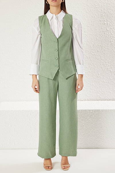 Trendyol Modest Σετ γιλέκο και παντελόνι από λινό χακί - TCTSS24US00014