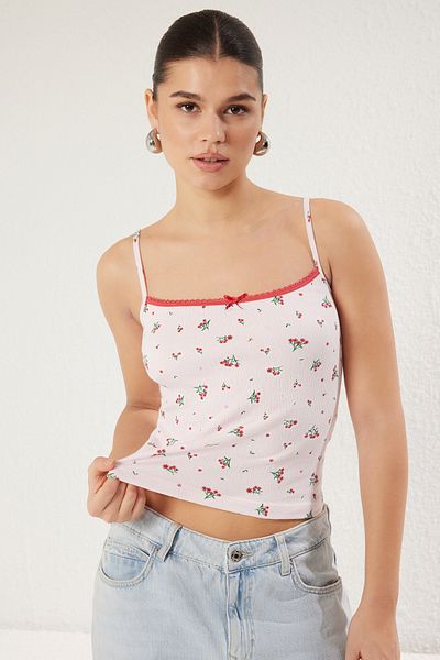 Trendyol Collection Rosa Unterhemd mit dehnbarer Schleife und Aufdruck – Hosenträger, körpergestrickt TWOSS25AL00004