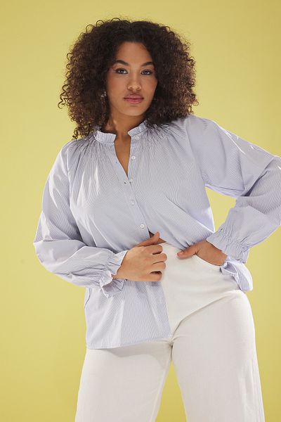 Trendyol Curve Multicolor Stripe Long Balloon Sleeve Woven Plus Size Shirt Tbbss25Ax00007