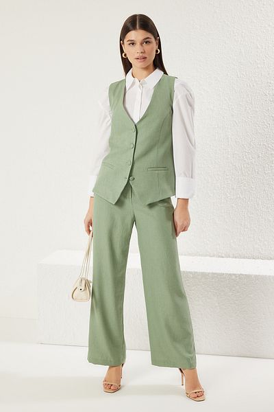 Trendyol Modest Khaki Linen Woven Vest and Trousers Set - Tctss24Us00014