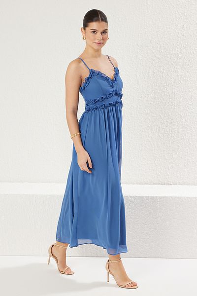 Trendyol Collection Blaues, florales A-Linien-Maxi-Webkleid TWOSS23EL02013