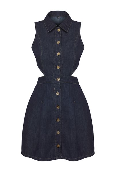 Trendyol Collection Rochie mini din denim, ediție limitată, albastru închis, cu decuparea ferestrei, cu guler cămașă TWOSS25EL00505