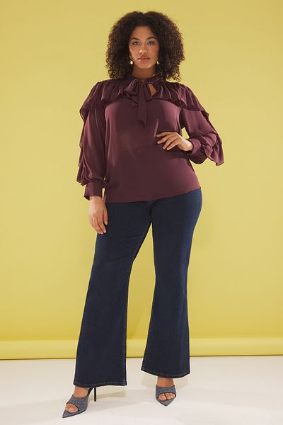 Trendyol Curve Bordová blúzka s dlhým rukávom s volánom s dlhým rukávom Tbbss25Af00069