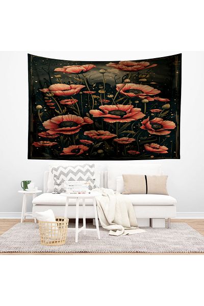 Else Dekor Retro Red Floral Print Tapestry - Wall Cover & Carpet