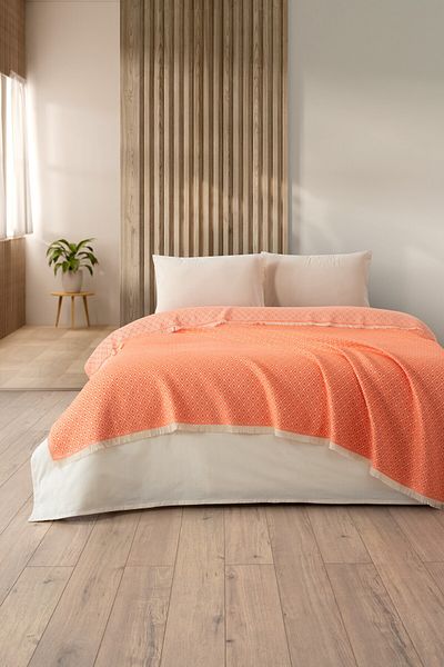 Denizli Concept Orange Double Diamonds Pique Set - Multi-Purpose 100% Cotton Bedspread - with Sheets