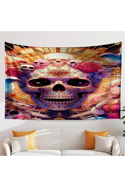 Else Dekor Gothic Floral Patterned Skull Tapestry - Duar Rug Cover