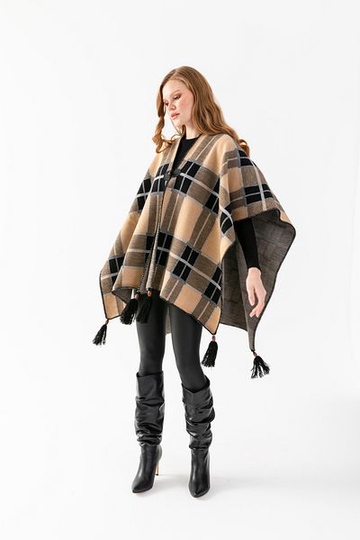 Wega Moda Striped Pattern Poncho, Fisherman's Stitching Button Detailed Poncho, Outerwear Poncho, Knitwear Knitted Chic Poncho