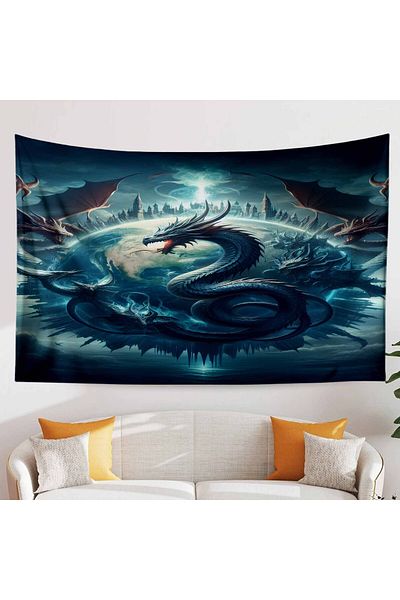Else Dekor Blue Mythological Wall Tapestry with Dragon Pattern - Tapestry