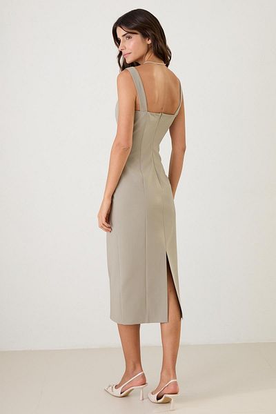 Setre Olive Slim Fit Square Neck Thick Strap Pocket Detailed Midi Length Dress