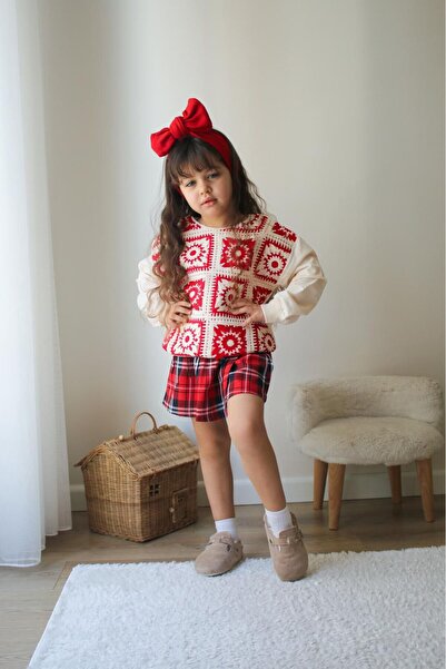 Kidsmadamiko Red Plaid Shorts Skirt and Motif Knitted Knitwear Bottom and Top Set for Girls