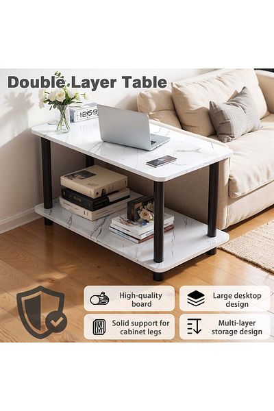 EqiEch Double Layer End Side Table with Storage Shelf for Bedroom Living Room 80*40*53CM,white+black