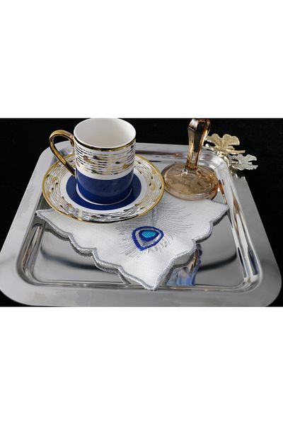 PLT Design Set of 6 Evil Eye Bead Patterned Linen Linen Coffee Side Cocktail Presentation Napkins