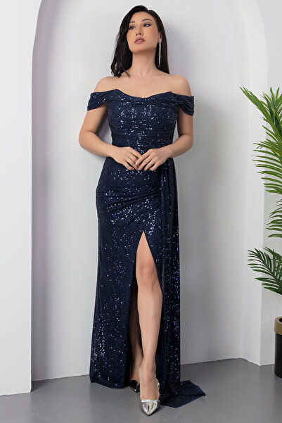 PULLIMM Düşük Omuz Büzgülü Pulpayet Abiye Elbise13457