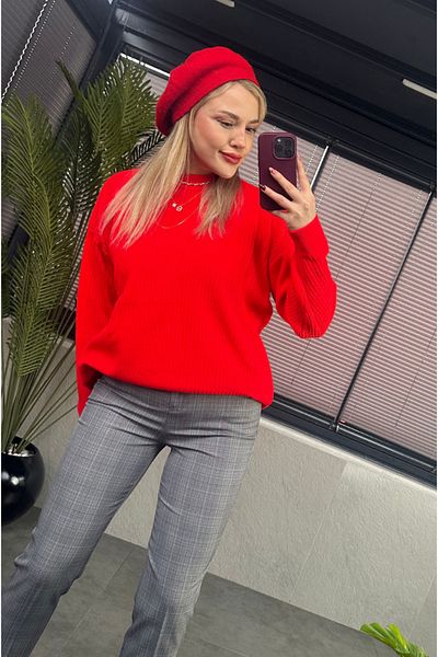MİR STORE Red Half-Thigh Ribbed Oversize Sweater