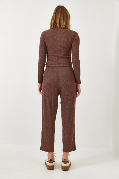 Bianco Lucci Women's Crop Blouse and Elastic Waist Pants Bottom Top Suit 60261363