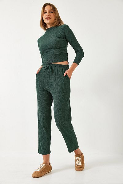 Bianco Lucci Women's Crop Blouse and Elastic Waist Pants Bottom Top Suit 60261363