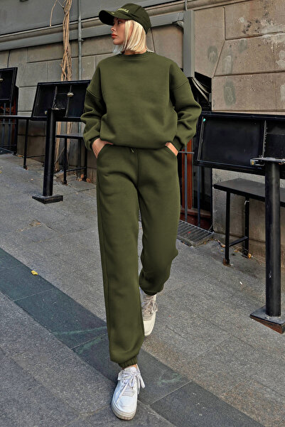 CMZ COLLECTİON Σετ φόρμας oversize ΧΑΚΙ με φαρδιά γραμμή και λαιμόκοψη ποδηλάτου